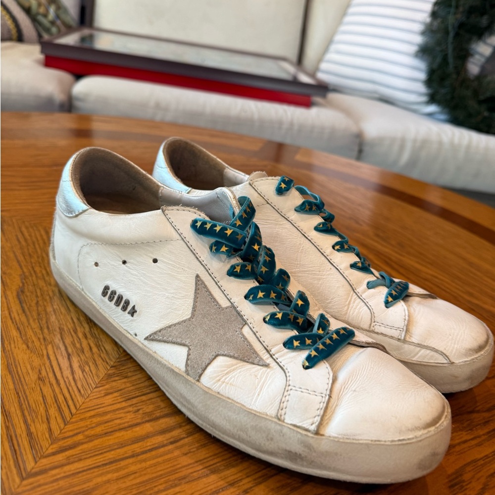 Golden Goose White Sneakers with Silver Star and Blue Laces - Picture 3 of 6